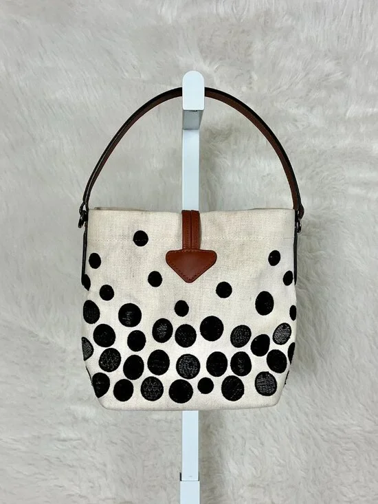 Longchamp Roseau Essential Ivory Black Polka Dot Fabric Small Bucket Bag - Picture 2 of 12